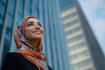 Happy young Middle Eastern business woman standing outside sleek modern office buildings perfect for promoting diversity and empowerment in modern business culture and workplace success