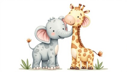 Two adorable animal illustrations, an elephant and a giraffe.