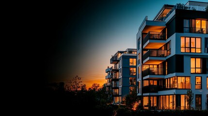 Modern apartment complex at twilight.  Windows glow warmly.  Dusk sky behind buildings