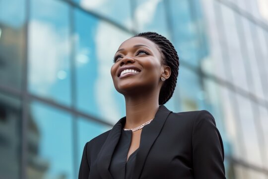 Happy young African business woman in formal outfit standing on city street with modern glass buildings in background perfect for career success and urban professional lifestyle