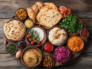 Traditional Jewish meal served with kosher dishes on a wooden table. Kosher dietary guidelines and food safety, perfect for cultural and religious observance concepts. Kosher Jewish cuisine.