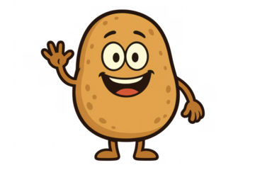 Smiling potato character waving, cartoon style graphic with transparent background for culinary design projects