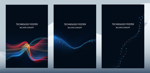 Tech Poster Set. Abstract digital wave technology background. Cyber tech Big data concept,Data Science, corporate business concept