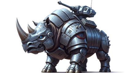 Fototapeta premium Metallic Rhinoceros Robot With Mechanical Armor And Turret Isolated Against Transparent Background