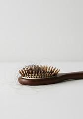 Obraz premium Hair loss concept. Hair tangled in a comb. wooden hairbrush isolated on white.