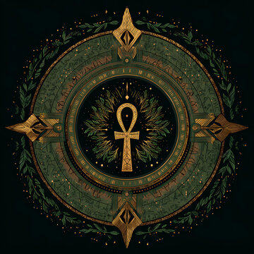 An ornate circular design with an ankh in the center, surrounded by golden accents and green leaves, creating a mystical atmosphere.