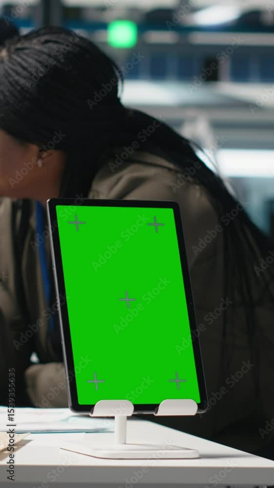 Poster vertical video team of consultants and experts working with a chroma key screen in the solar panel f