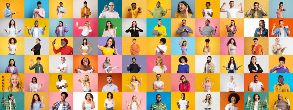 Poster Multiple individuals from various backgrounds display a range of expressions and poses against colorful backgrounds. This collection highlights the beauty of diversity in our everyday lives.