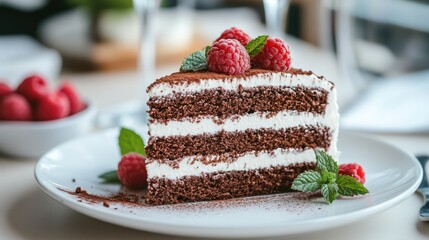 Delicious homemade layered chocolate cake with fresh raspberries and mint leaves on a white plate with soft natural lighting and a blurred background