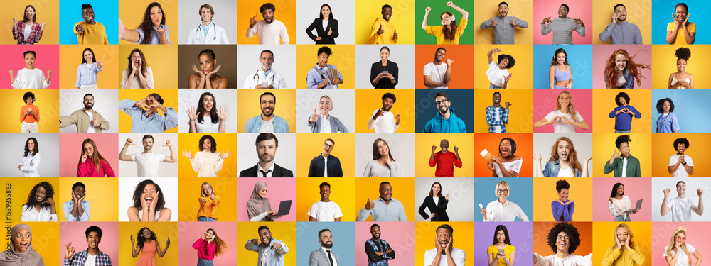 Poster a collection of multiracial individuals showcasing a range of emotions and lifestyles. each portrait