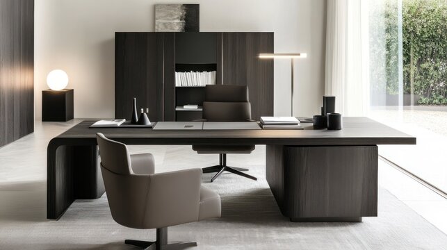 Sophisticated home office setup featuring a modern executive desk and chair