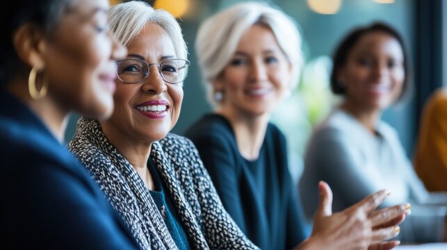 Diverse group of retirees discussing investment strategies during financial planning seminar learning about sustainable retirement funds and wealth management. Financial security strategies.