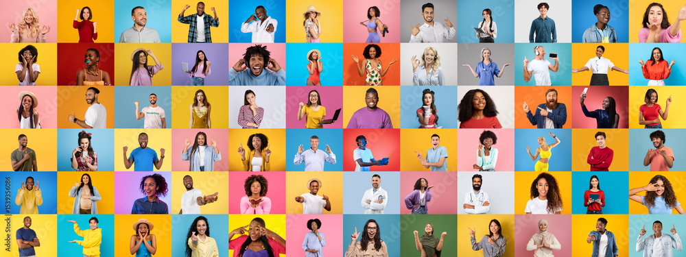Leinwandbilder A lively collage features individuals from various backgrounds displaying a range of emotions and gestures. Each portrait highlights unity and diversity against colorful backdrops.