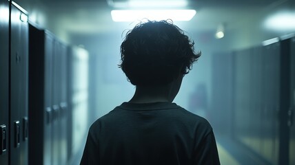 Fototapeta premium Boy with Tousled Hair Standing in a Dim Hallway Surrounded by Mist and Shadows