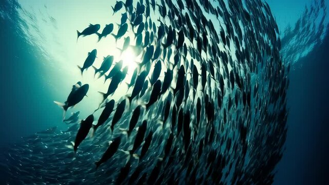 Underwater video of a fish school swimming in unison, captured from a low-angle, highlighting the sunlight filtering through the water. Live desktop wallpaper.