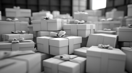 Fototapeta premium Many white gifts wrapped with ribbons stacked in warehouse