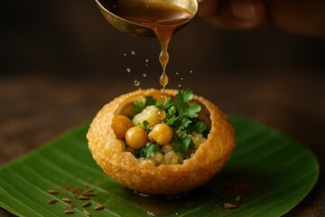 Indian pani puri with tamarind water splash on banana leaf