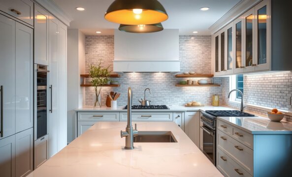 A culinary haven bathed in golden hues where sleek white marble mosaics adorned the backsplash matching pristine white cabinets and a seamless white countertop creating a symphony of modern elegance