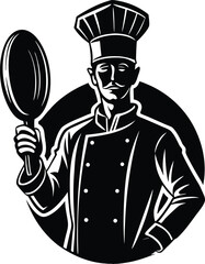 Vintage Black and White Chef Illustration Holding Frying Pan in Circle Badge