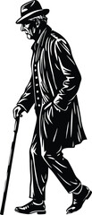 Vintage Elderly Man Walking with Cane, Black and White Vector Illustration