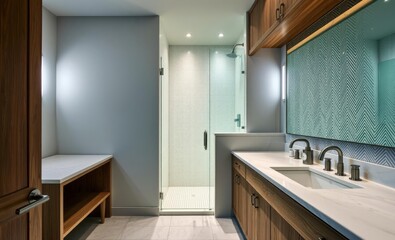 A serene sanctuary where a natural wood cabinet with a pristine white marble countertop and a white herringbone tile backsplash embraced a walk-in shower adorned with large shimmering white tiles crea