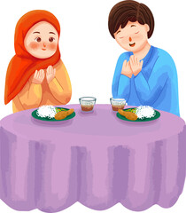 Prayer Before Meal: Two individuals, a couple, sit peacefully at a table, heads bowed in prayer before a meal, exuding tranquility and gratitude. A moment of reflection and connection.