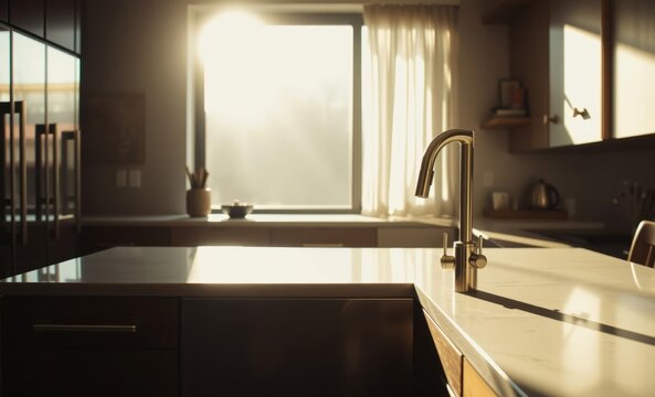 A sleek and contemporary kitchen bathed in the warm glow of natural sunlight boasts a modern quartz countertop a farmhouse sink gleaming stainless steel faucet and a touch of rustic charm