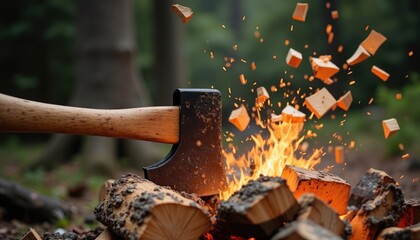 Splitting wood in a campfire.