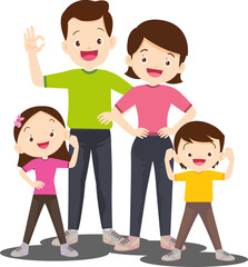 Happy Family on White: A cheerful illustration depicts a loving family of four, parents and two children, all smiling with content on white backdrop.