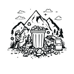 Fototapeta premium Person Collecting Debris in Nature with Recycling Truck Nearby, Black Line Vector Emphasizing Waste Management, Cleanup, and Eco Responsibility