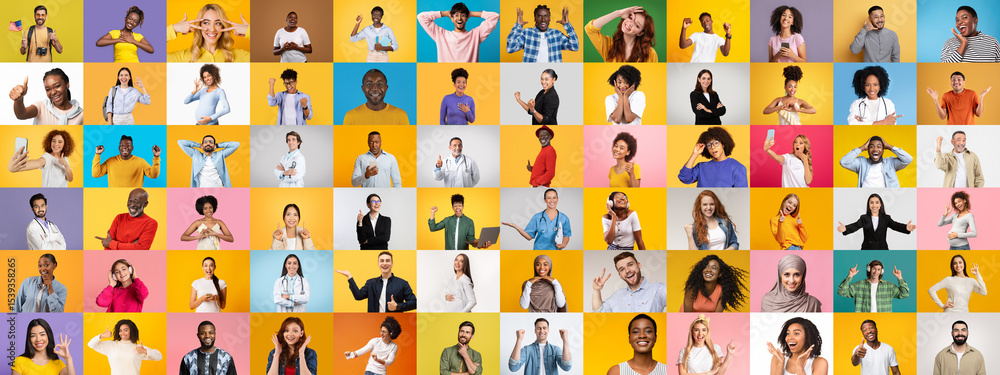 Poster a vibrant collection of joyful faces from diverse backgrounds, each showcasing unique gestures again