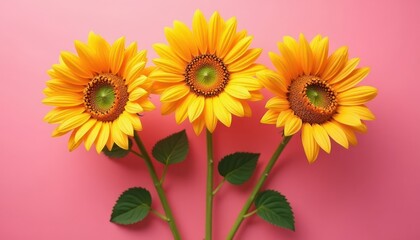 Three sunflowers on a pink background.