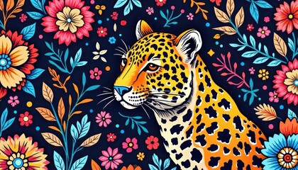 Vibrant jaguar portrait surrounded by colorful floral design.