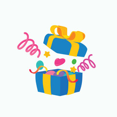 Vector illustration of a colorful gift box explosion in kawaii style, featuring candy, stars, hearts, and ribbons. Ideal for party invitations, birthday templates, and joyful festive designs.
