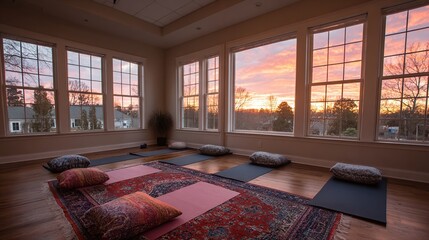 Serene yoga studio with expansive windows showcasing a vibrant sunset, hardwood floors, and colorful rugs and cushions arranged for a class