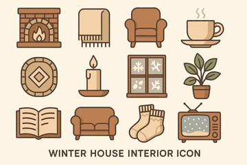 Cozy winter house interior icons featuring fireplace, cup, and candle