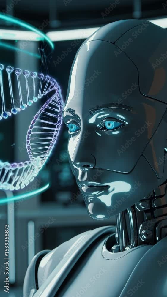 Poster futuristic android analyzing holographic interfaces in a hightech lab