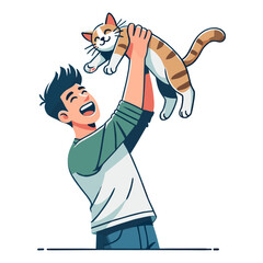 Man Holding Striped Kitten In Air Cartoon Illustration With Joyful Expression