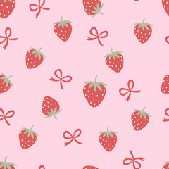 Seamless pattern of strawberry with green leaves and ribbon bow on pink background for girly and cute designs.