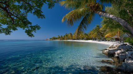 Tropical Paradise: A breathtaking view of a serene beach with crystal-clear waters under a brilliant blue sky, evoking feelings of peace and relaxation, ideal for travel and leisure themes.