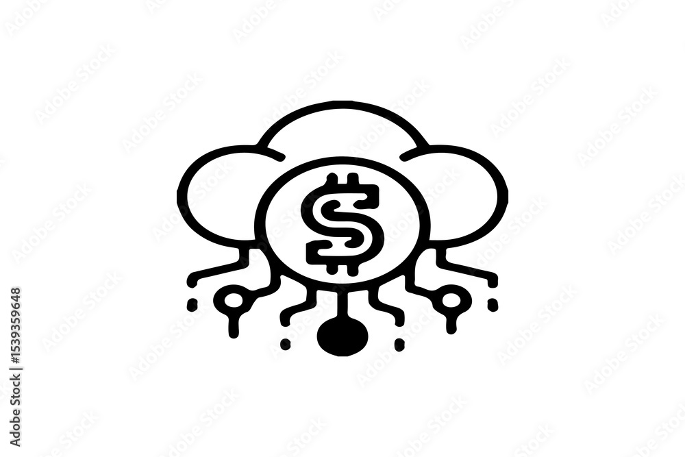 Poster the image depicts a black icon that combines a cloud, a dollar symbol ($), and digital circuit lines