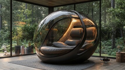 Electric Mobility Capsule with Transparent Dome Nestled in a Scenic Natural Environment