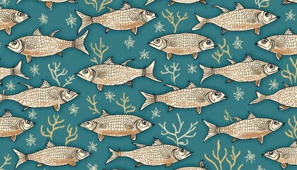 Decorative pattern of fish swimming in a teal aquatic scene.