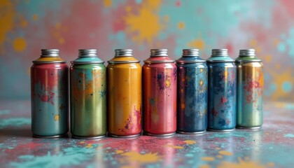 Colorful spray paint cans arranged in a row.