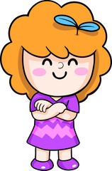 Joyful Cartoon Girl: A cute cartoon girl with curly orange hair and a cheerful expression, her arms crossed in a gesture of confidence and contentment. She embodies happiness and innocence.