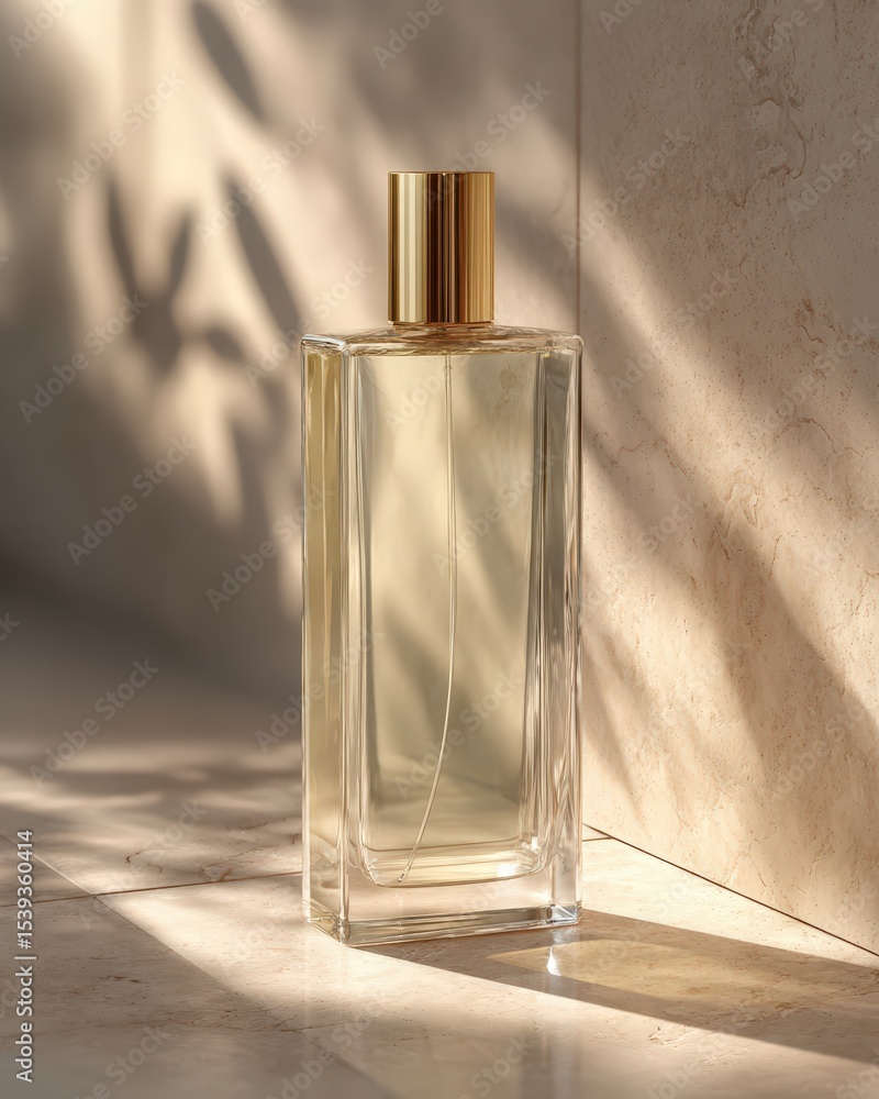 Poster elegant mockup of a standing blank perfume bottle with gold cap and soft shadows in a minimalist set
