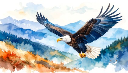 Obraz premium Bald Eagle Soaring Mountains.