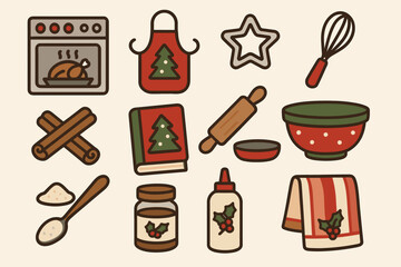 Festive baking icons collection featuring holiday kitchen essentials