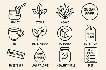 Healthy sweeteners and dietary icons: honey, stevia, agave, and sugar-free labels