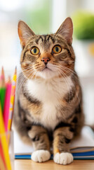 Curious Tabby Cat Explores Colorful School Supplies on a Desk in Soft Natural Light